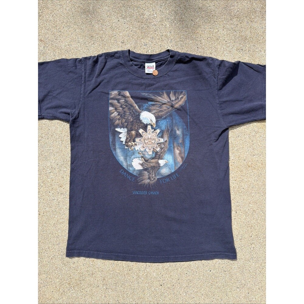 Vintage Bald Eagles Vancouver Canada Aztec Mayan Blue Glitter T-Shirt LARGE
